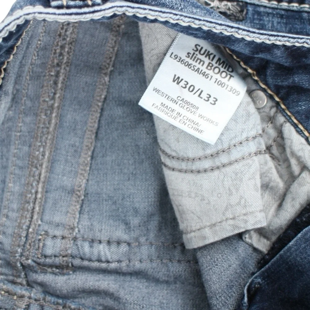 Silver Jeans Suki Mid Slim Boot Blue Denim Paint Splattered Women's W30 L33